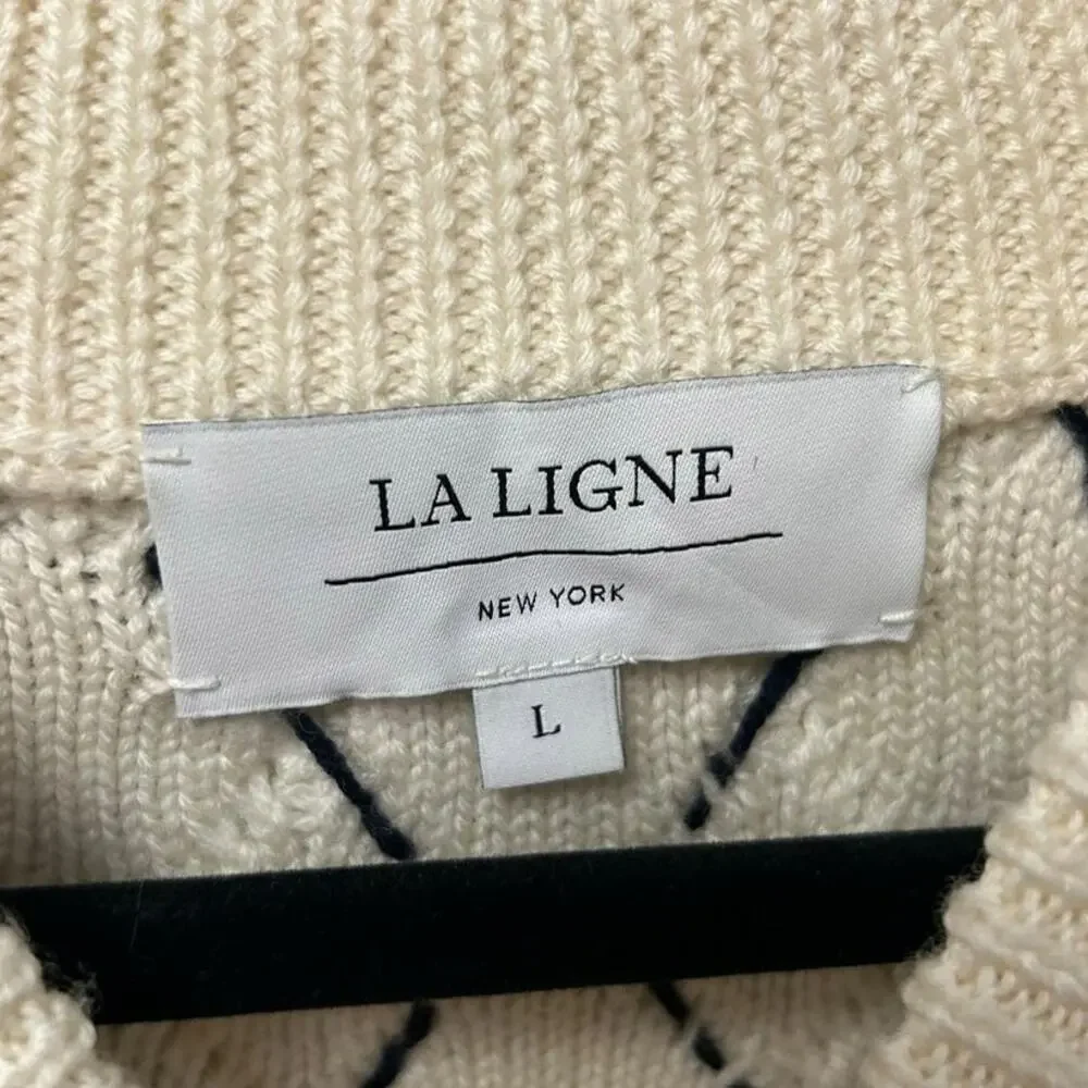 La Ligne Merino Wool Cream Navy Patchwork Crewneck Knit Sweater Womens Large